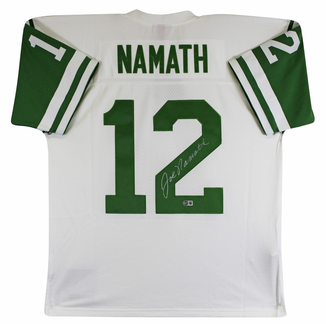 Joe Namath Signed Jets White Jersey with Beckett Authentication: Joe Namath Signed Jets White Jersey with Beckett Authentication This authentic white Mitchell & Ness jersey has been personally signed by Joe Namath, the legendary quarterback of the New York Jets. Th