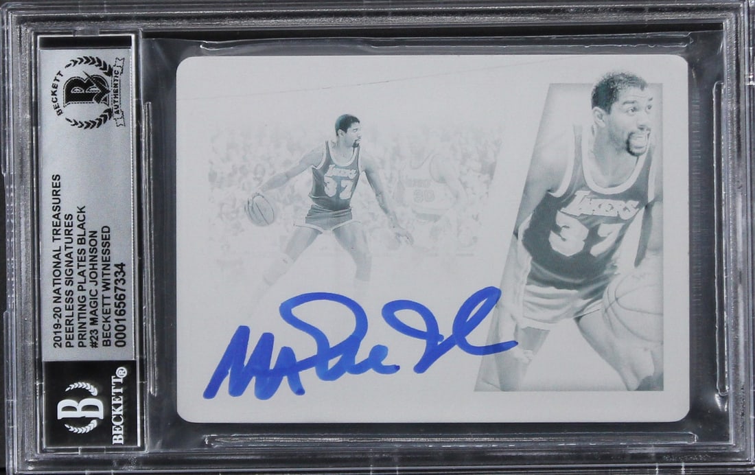 Magic Johnson 2019 National Treasures Peerless Signatures Black Plate Card BAS Auto 10 (1 of 2)