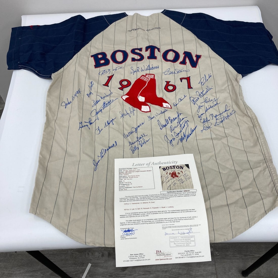 Boston Red Sox 1967 Team Autographed Jersey Featuring 26 Signatures JSA COA: Boston Red Sox 1967 Team Autographed Jersey Featuring 26 Signatures JSA COA This is a 1967 Boston Red Sox American League Champions team-signed jersey featuring 26 signatures, including notable player