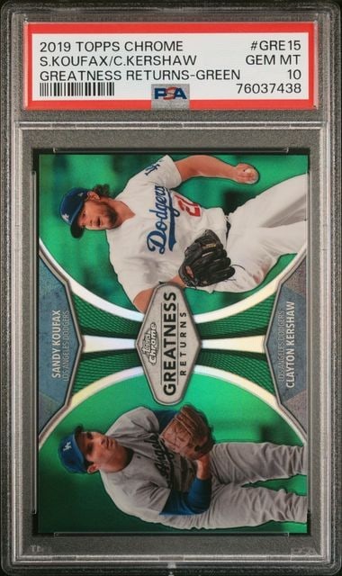 Koufax Kershaw 2019 Topps Chrome Green PSA 10 GEM MT #GRE15: Koufax Kershaw 2019 Topps Chrome Green PSA 10 GEM MT #GRE15 This 2019 Topps Chrome Greatness Returns Green card features legendary baseball players Sandy Koufax and Clayton Kershaw, both icons of the 