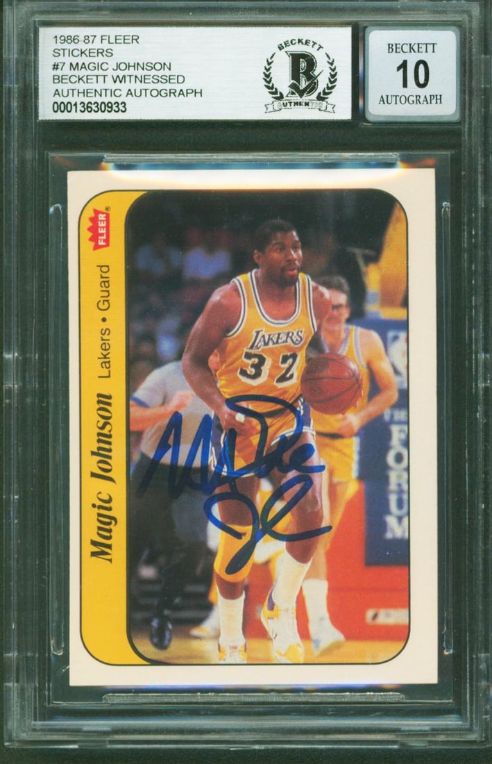 Magic Johnson 1986 Fleer Stickers 7 Signed Card Beckett Auto 10 Slab: Magic Johnson 1986 Fleer Stickers 7 Signed Card Beckett Auto 10 Slab This 1986 Fleer Stickers #7 basketball card features a personal autograph from Magic Johnson of the Los Angeles Lakers. The card ha