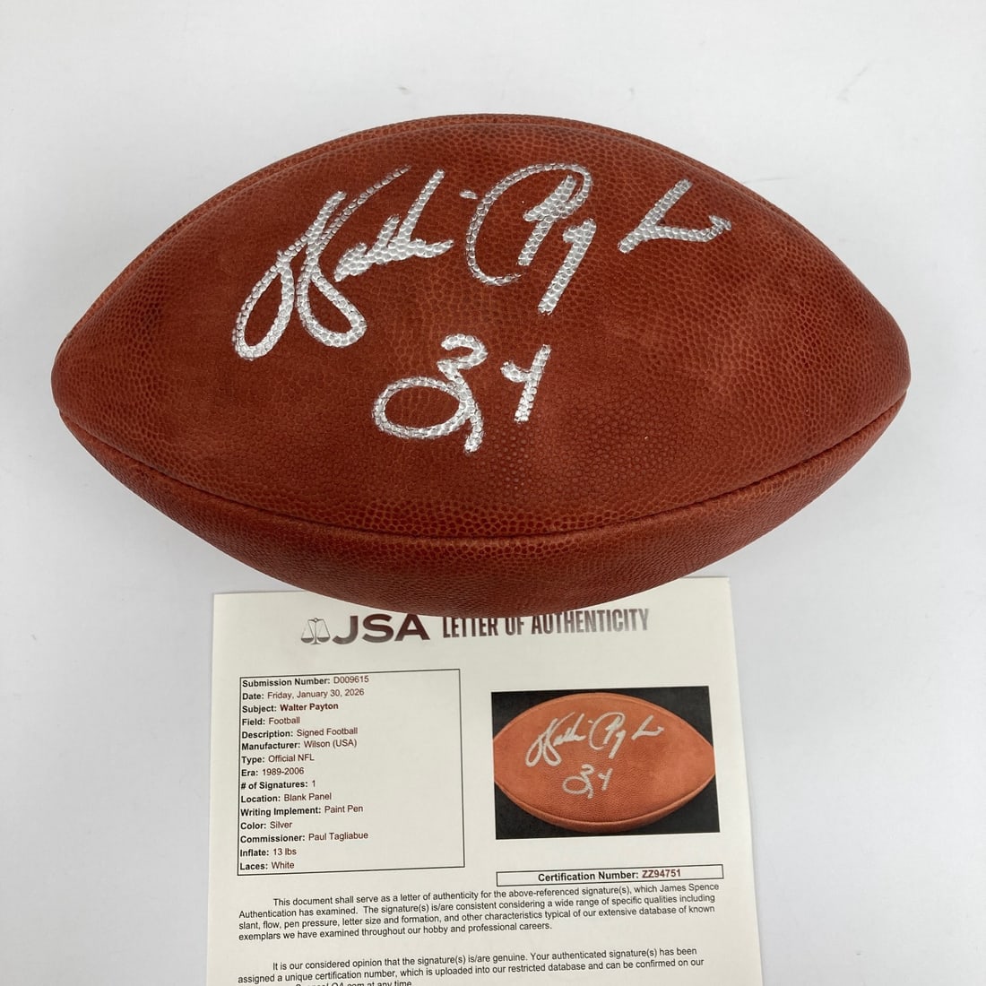 Walter Payton Autographed Wilson NFL Football with JSA Full Letter COA (1 of 6)