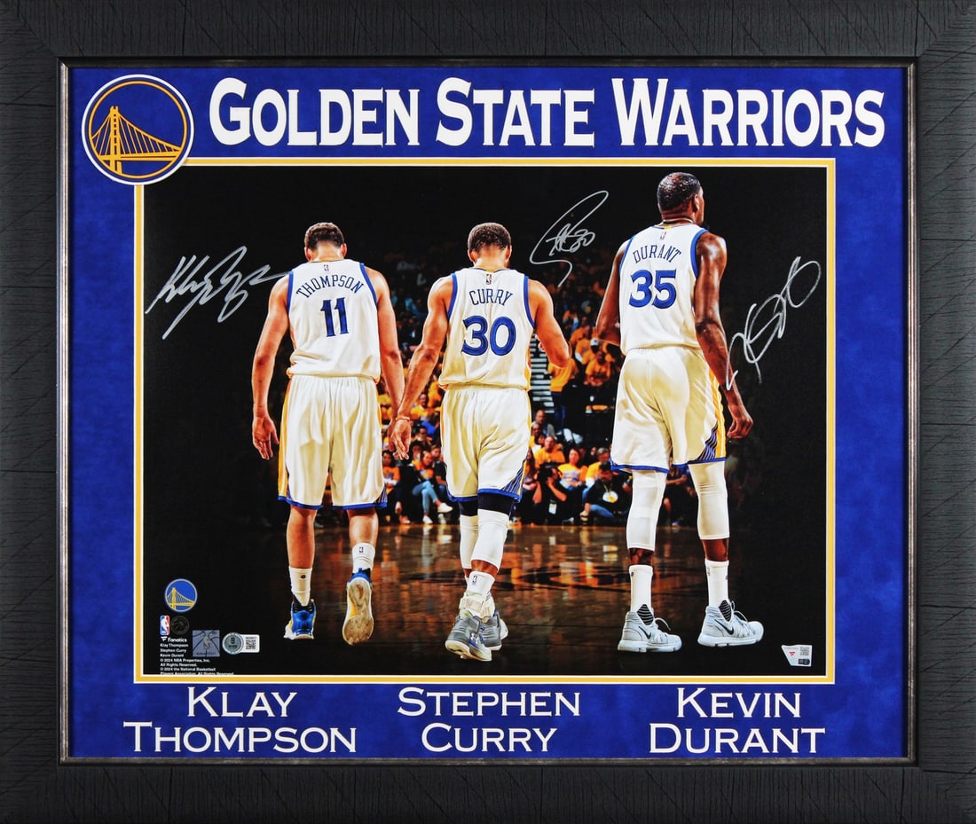 Framed 16x20 Warriors Photo Signed by Curry Durant Thompson Beckett Authenticated: Framed 16x20 Warriors Photo Signed by Curry Durant Thompson Beckett Authenticated This professionally framed 16x20 horizontal photograph features authentic signatures from Stephen Curry, Kevin Durant,