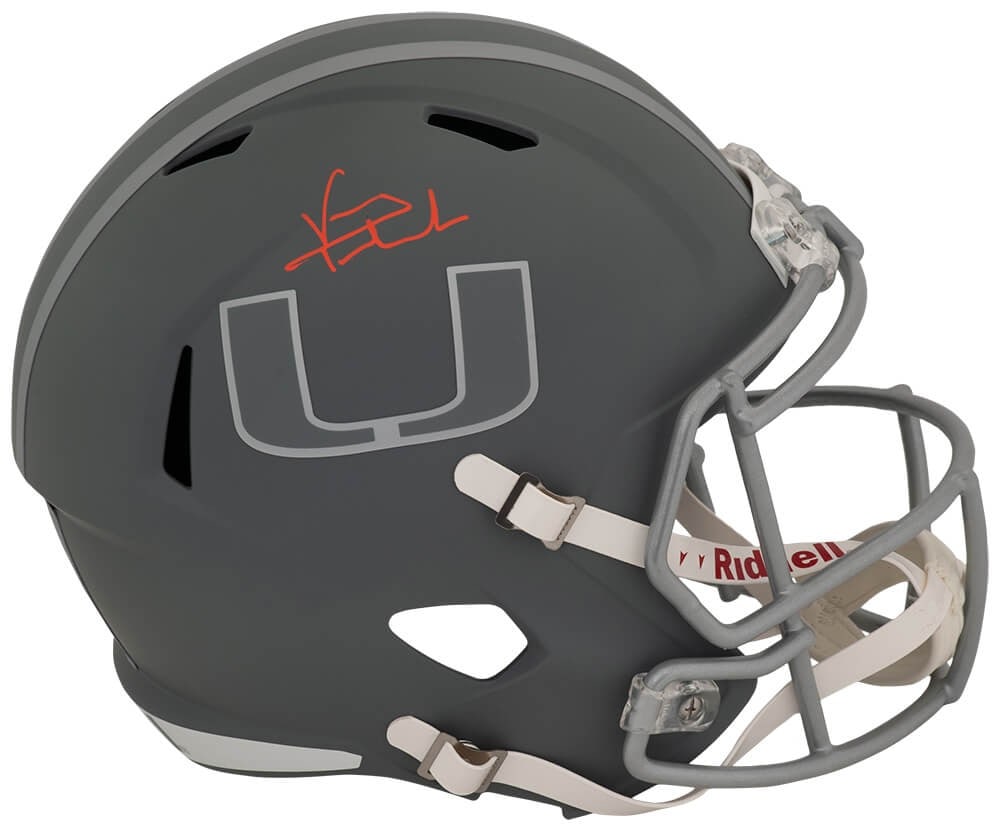 Vinny Testaverde Miami Hurricanes Riddell full size speed replica helmet signed: Vinny Testaverde Miami Hurricanes Riddell full size speed replica helmet signed This is a pre-owned Miami Hurricanes Slate Riddell full size speed replica helmet, signed by Vinny Testaverde. The helme
