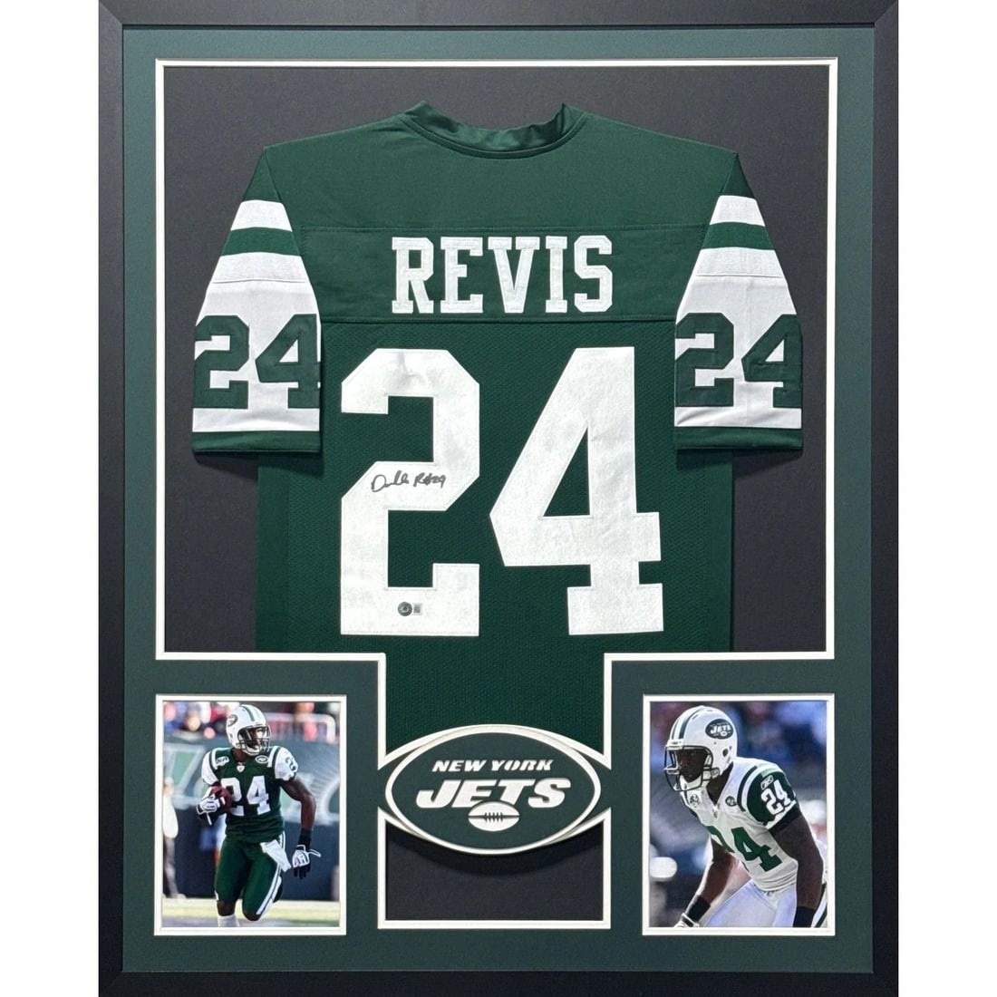 Framed Darrelle Revis Autographed New York Jets Jersey Beckett: Framed Darrelle Revis Autographed New York Jets Jersey Beckett This framed New York Jets jersey features the authentic signature of Darrelle Revis. The jersey is professionally framed with attention t