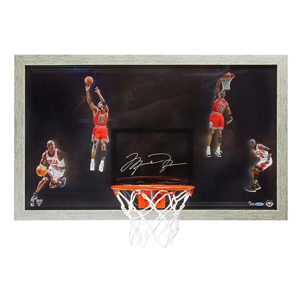 Michael Jordan Autographed Shadowbox Backboard Limited Edition Bulls 123: Michael Jordan Autographed Shadowbox Backboard Limited Edition Bulls 123 This is a limited edition Michael Jordan signed shadowbox backboard titled "Winning," featuring a stunning representation of th