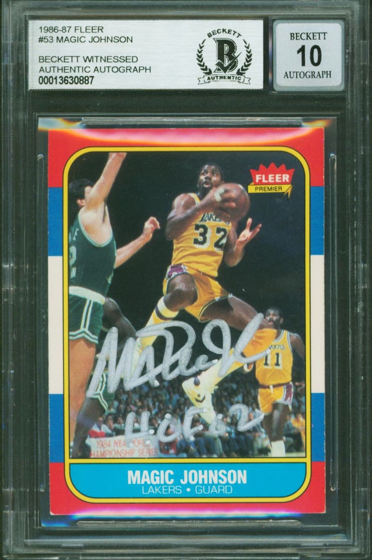 Magic Johnson 1986 Fleer #53 HOF 02 Beckett Slabbed Auto 10: Magic Johnson 1986 Fleer #53 HOF 02 Beckett Slabbed Auto 10 This 1986 Fleer #53 basketball card features Magic Johnson of the Los Angeles Lakers and has been personally signed by him with the inscript