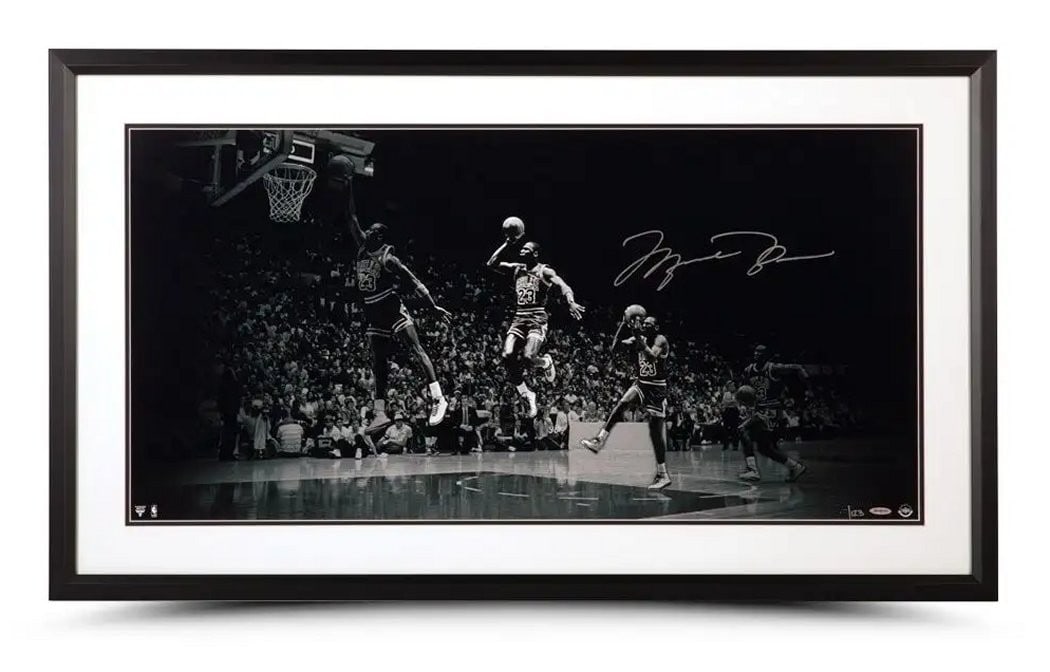 Michael Jordan Signed 18x36 Framed Photo We Have Lift Off Limited Edition 123: Michael Jordan Signed 18x36 Framed Photo We Have Lift Off Limited Edition 123 Celebrate the legendary career of Michael Jordan with this stunning autographed 18X36 photo framed in a sleek black frame.