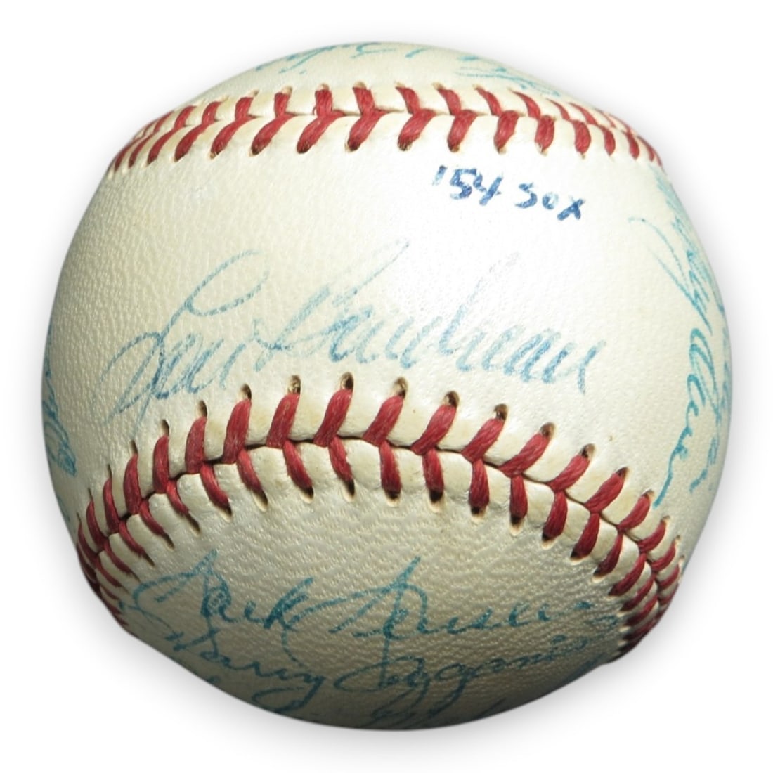 1954 Boston Red Sox autographed baseball 26 signatures GAI: 1954 Boston Red Sox autographed baseball 26 signatures GAI This is an original 1954 Boston Red Sox autographed baseball featuring twenty-six signatures, including Lou Boudreau, Tom Brewer, Grady Hatto