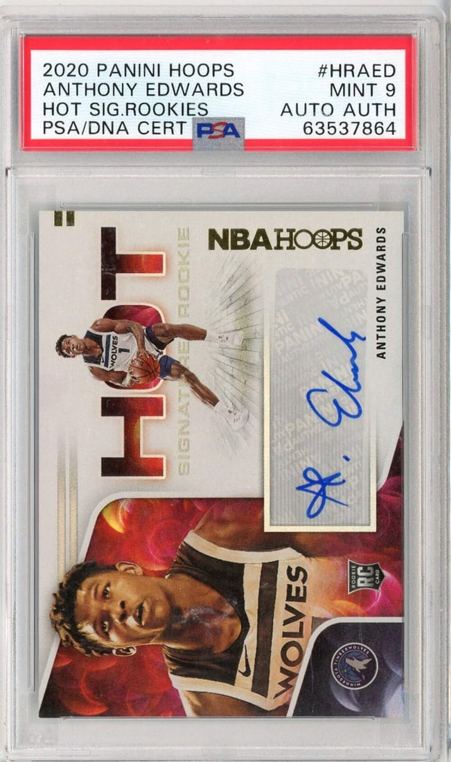2020 Panini Hoops Anthony Edwards Hot Signature Rookies PSA 9: 2020 Panini Hoops Anthony Edwards Hot Signature Rookies PSA 9 This graded 2020 Panini Hoops Anthony Edwards #HRAED Hot Signature Rookies rookie card features the autograph of the rising NBA star. Enca