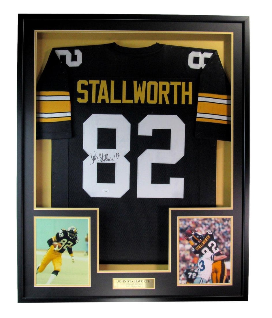 Framed John Stallworth signed Steelers black football jersey JSA: Framed John Stallworth signed Steelers black football jersey JSA This framed black Pittsburgh Steelers jersey features the autograph of Hall of Famer John Stallworth. The jersey is an original item an