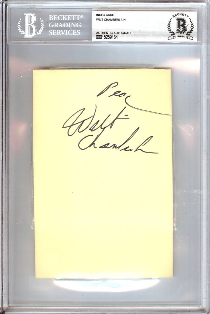Wilt Chamberlain Autographed Index Card BGS Los Angeles Lakers: Wilt Chamberlain Autographed Index Card BGS Los Angeles Lakers This is an original index card autographed by basketball legend Wilt Chamberlain, known for his outstanding career with the Los Angeles L