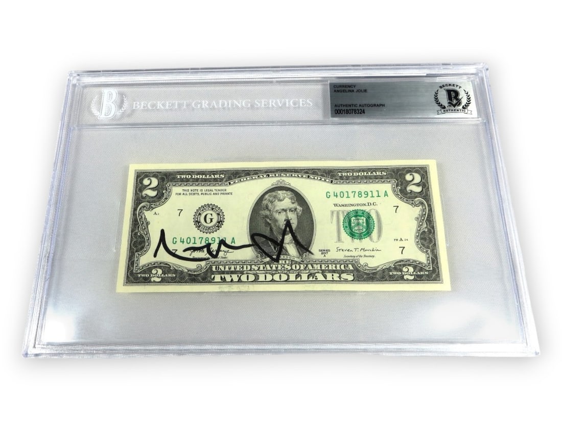 Autographed $2 Bill Signed by Angelina Jolie Beckett Authenticated (1 of 3)