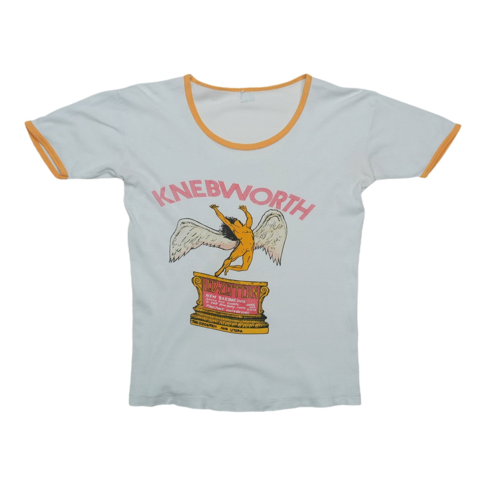 Vintage White Cotton Led Zeppelin Knebworth Shirt 1979: Vintage White Cotton Led Zeppelin Knebworth Shirt 1979 This is an original vintage 1979 Led Zeppelin Knebworth Concert shirt, not a modern reproduction. The shirt is made from 100% cotton and features