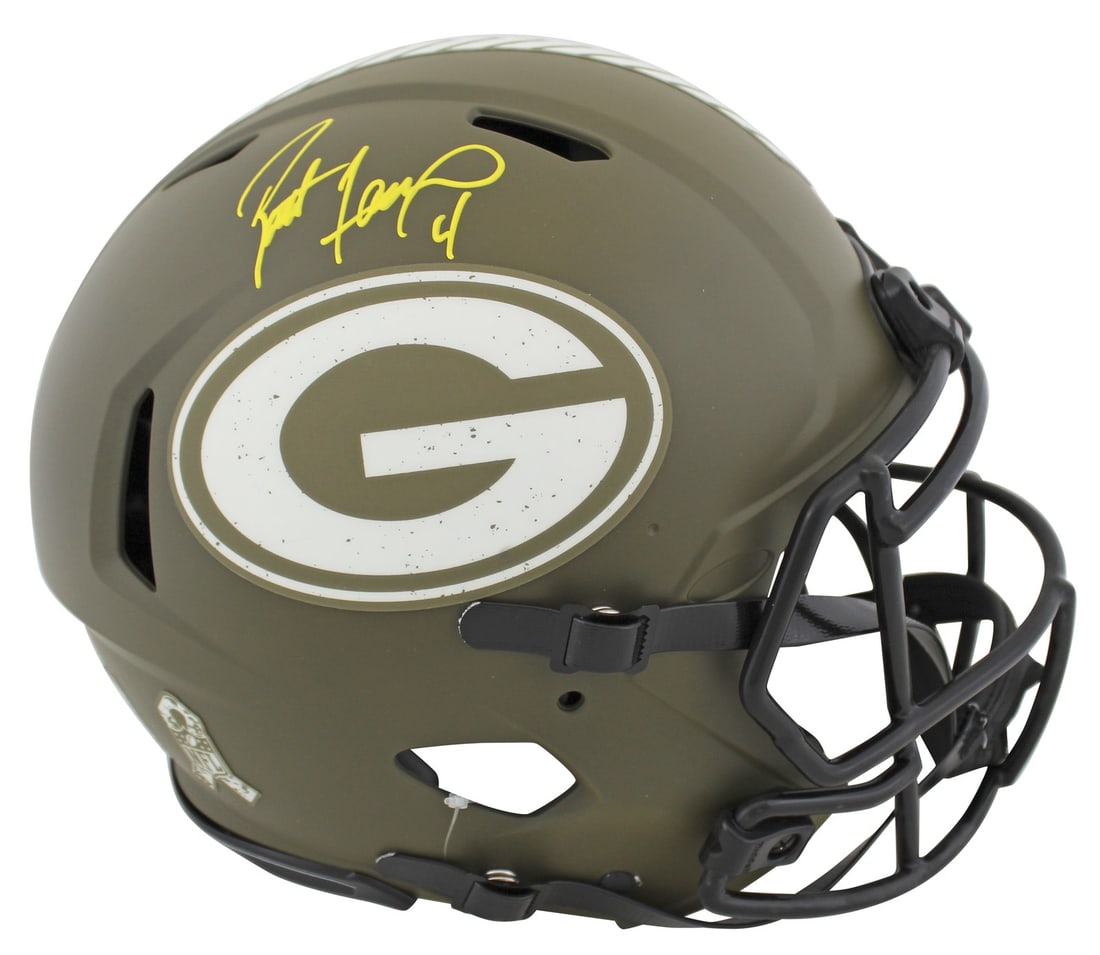 Brett Favre Signed Green Bay Packers Full Size Helmet BAS Witnessed: Brett Favre Signed Green Bay Packers Full Size Helmet BAS Witnessed This authentic full-size speed Proline helmet, honoring the Salute to Service, has been personally signed by Brett Favre, the legend