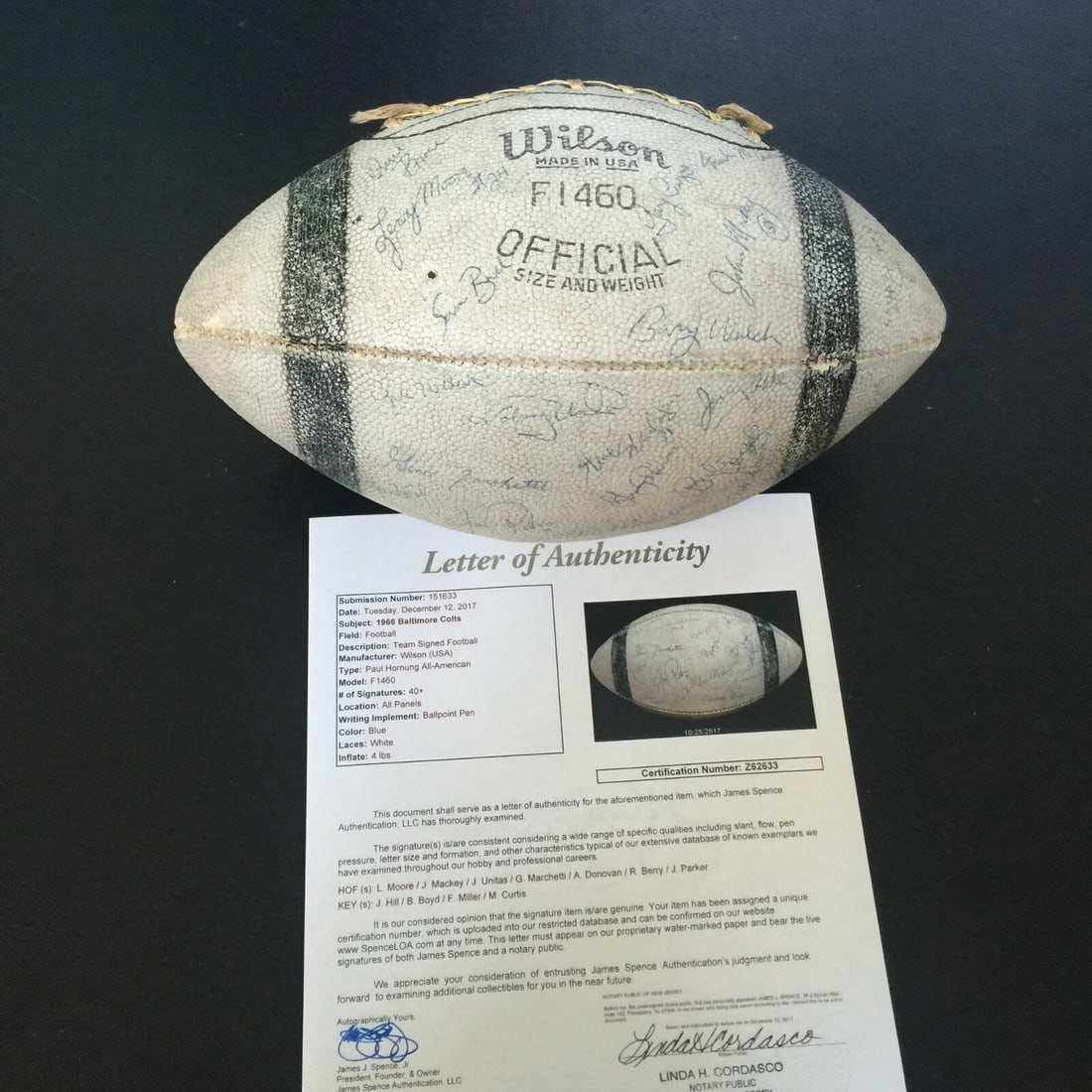 Baltimore Colts 1966 Wilson Football With 40 Plus Team Autographs JSA Authenticated: Baltimore Colts 1966 Wilson Football With 40 Plus Team Autographs JSA Authenticated This rare 1966 Baltimore Colts team-signed Wilson football features over 40 autographs, including notable players su