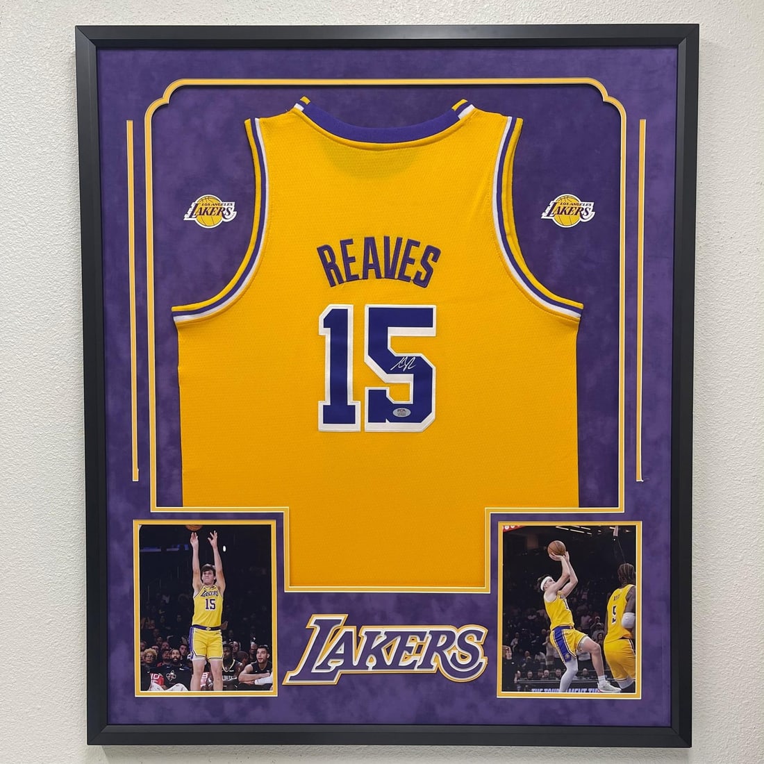 Framed Los Angeles Lakers Jersey Signed by Austin Reaves PSA Authenticated: Framed Los Angeles Lakers Jersey Signed by Austin Reaves PSA Authenticated This is a custom framed Los Angeles Lakers jersey autographed by Austin Reaves. The autograph has been authenticated by Profe