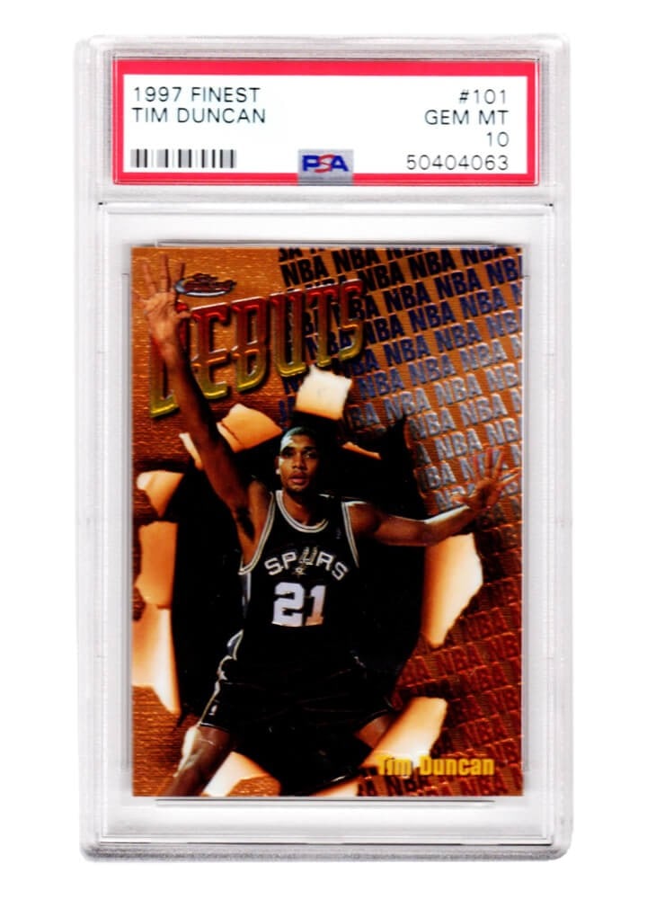 Tim Duncan 1997 Topps Finest RC #101 PSA 10 Gem Mint Card: Tim Duncan 1997 Topps Finest RC #101 PSA 10 Gem Mint Card This offering features a Tim Duncan 1997 Topps Finest #101 rookie card, encapsulated and graded Gem Mint 10 by Professional Sports Authenticat