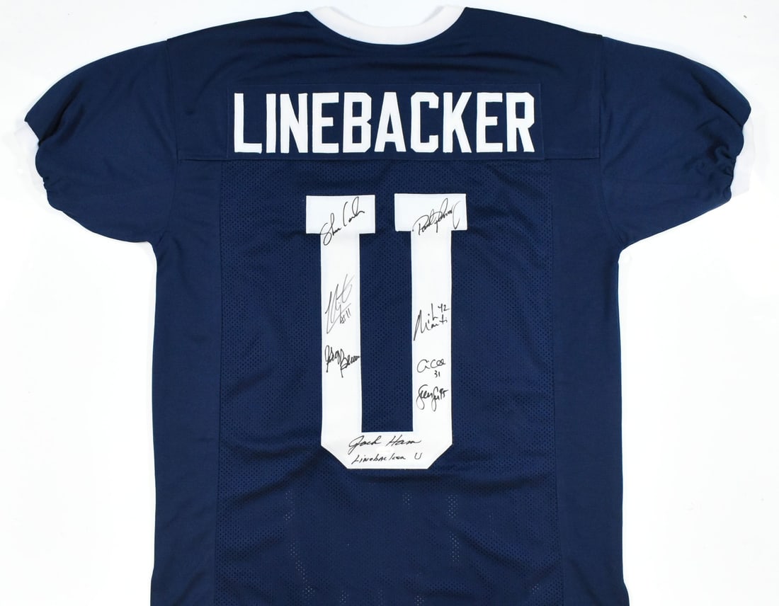 Penn State Football Jersey Linebacker U Autographed Blue College Style JSA: Penn State Football Jersey Linebacker U Autographed Blue College Style JSA This autographed blue college style jersey represents Linebacker U and is associated with Penn State football. The jersey is 