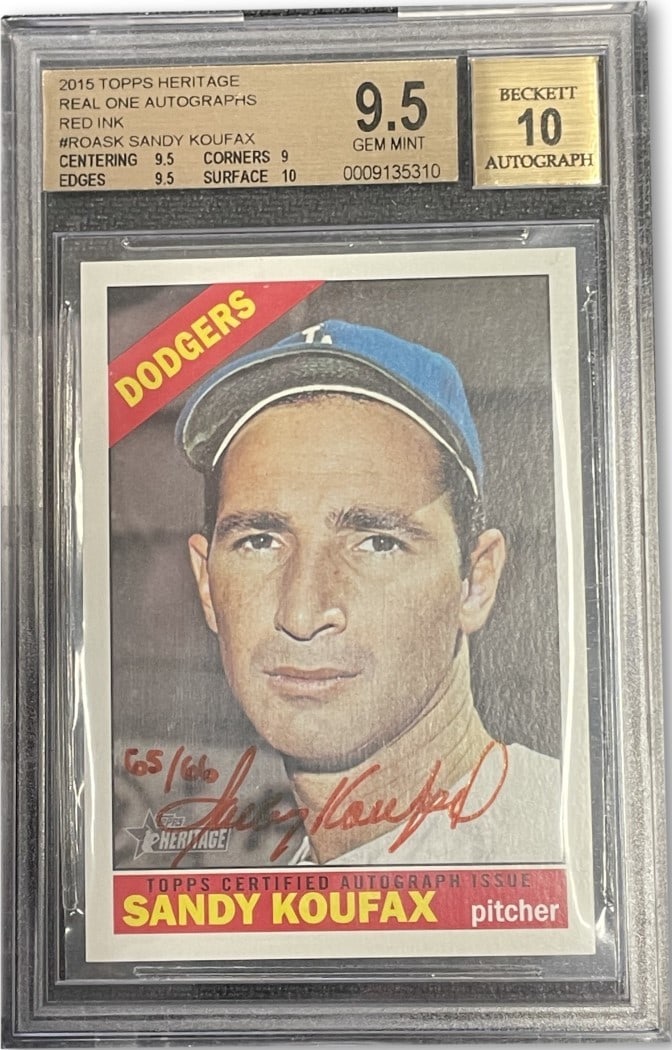 Sandy Koufax 2015 Topps Heritage Auto BGS 9.5 GEM MINT #ROASK: Sandy Koufax 2015 Topps Heritage Auto BGS 9.5 GEM MINT #ROASK Showcasing the iconic Sandy Koufax, this 2015 Topps Heritage Real One Autograph Card is a must-have for any baseball collector. Graded a r