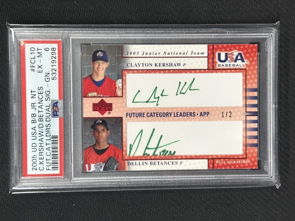 Clayton Kershaw Betances 2005 UD USA Dual Auto PSA 6 #FCL10: Clayton Kershaw Betances 2005 UD USA Dual Auto PSA 6 #FCL10 This 2005 UD USA Baseball Junior Dual Auto card features the signatures of Clayton Kershaw and Dellin Betances, making it a must-have for co