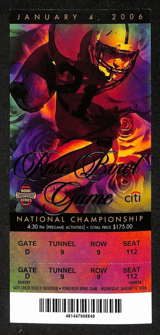 2006 Rose Bowl Full Ticket Texas vs USC Vince Young: 2006 Rose Bowl Full Ticket Texas vs USC Vince Young This is a full ticket from the 2005-2006 Rose Bowl, featuring the matchup between USC and Texas, with Vince Young leading the Texas Longhorns to a N