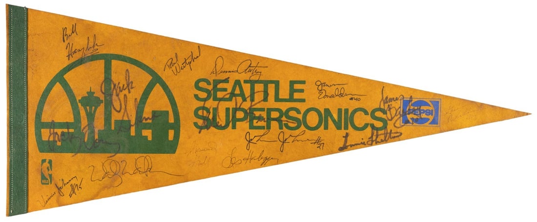 Seattle Supersonics 1980-81 Pennant Signed by 15 With JSA Authentication: Seattle Supersonics 1980-81 Pennant Signed by 15 With JSA Authentication This vintage Seattle SuperSonics pennant from the 1980-1981 NBA season is team-signed by 15 members, including Hall of Famers J