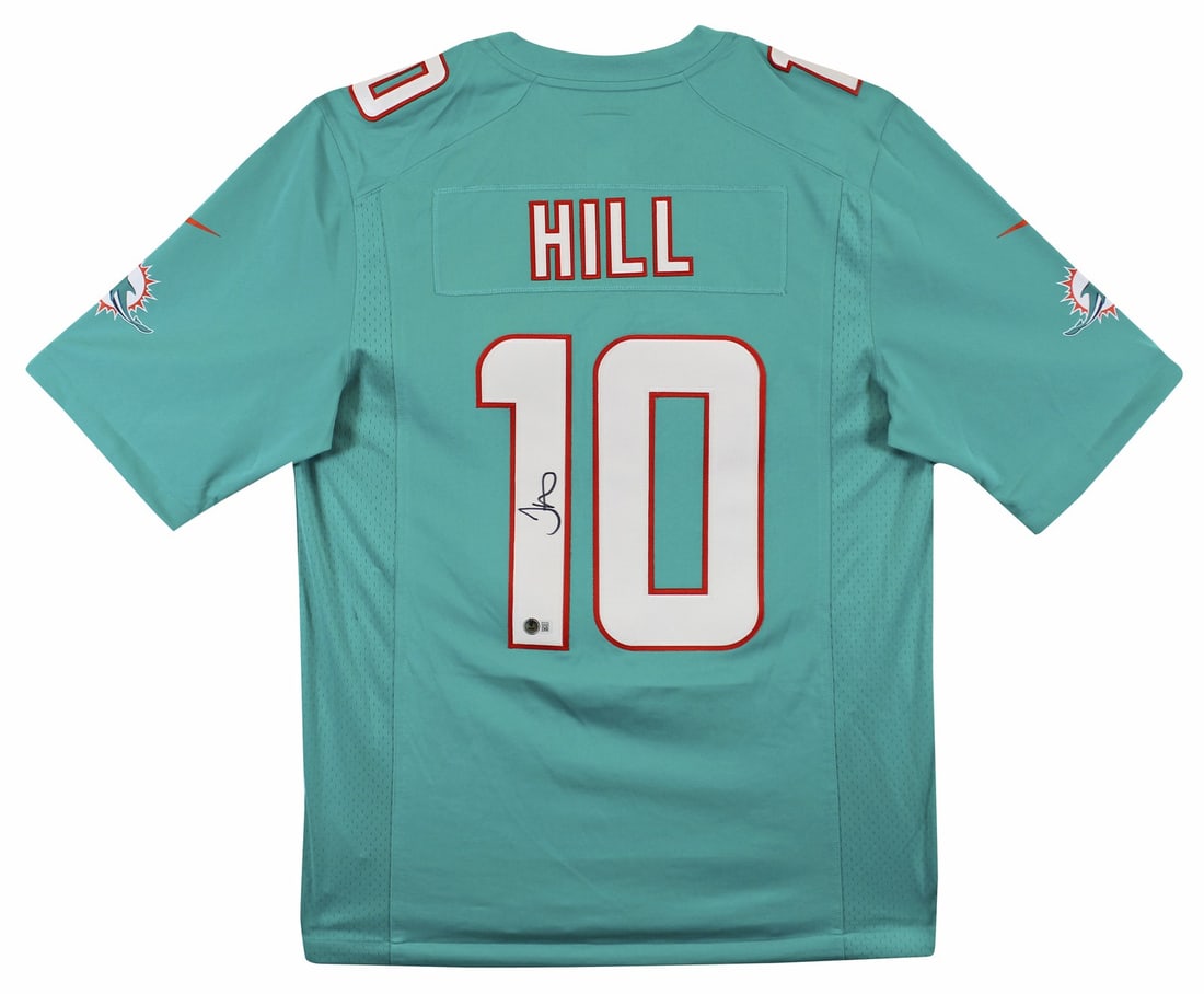Tyreek Hill Signed Miami Dolphins Teal Nike Jersey Beckett Witnessed Authentic: Tyreek Hill Signed Miami Dolphins Teal Nike Jersey Beckett Witnessed Authentic This teal Nike jersey features sewn numbers and has been personally hand-signed by Tyreek Hill of the Miami Dolphins. The