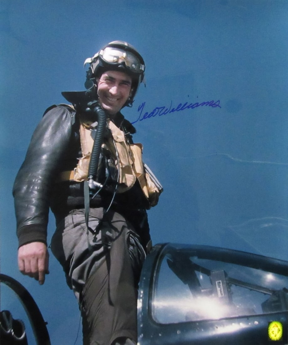 Ted Williams Signed 20x24 Photo With Green Diamond Hologram Fighter Pilot Red Sox: Ted Williams Signed 20x24 Photo With Green Diamond Hologram Fighter Pilot Red Sox This is an original 20x24 photo featuring Ted Williams as a fighter pilot, autographed by the Hall of Fame baseball le