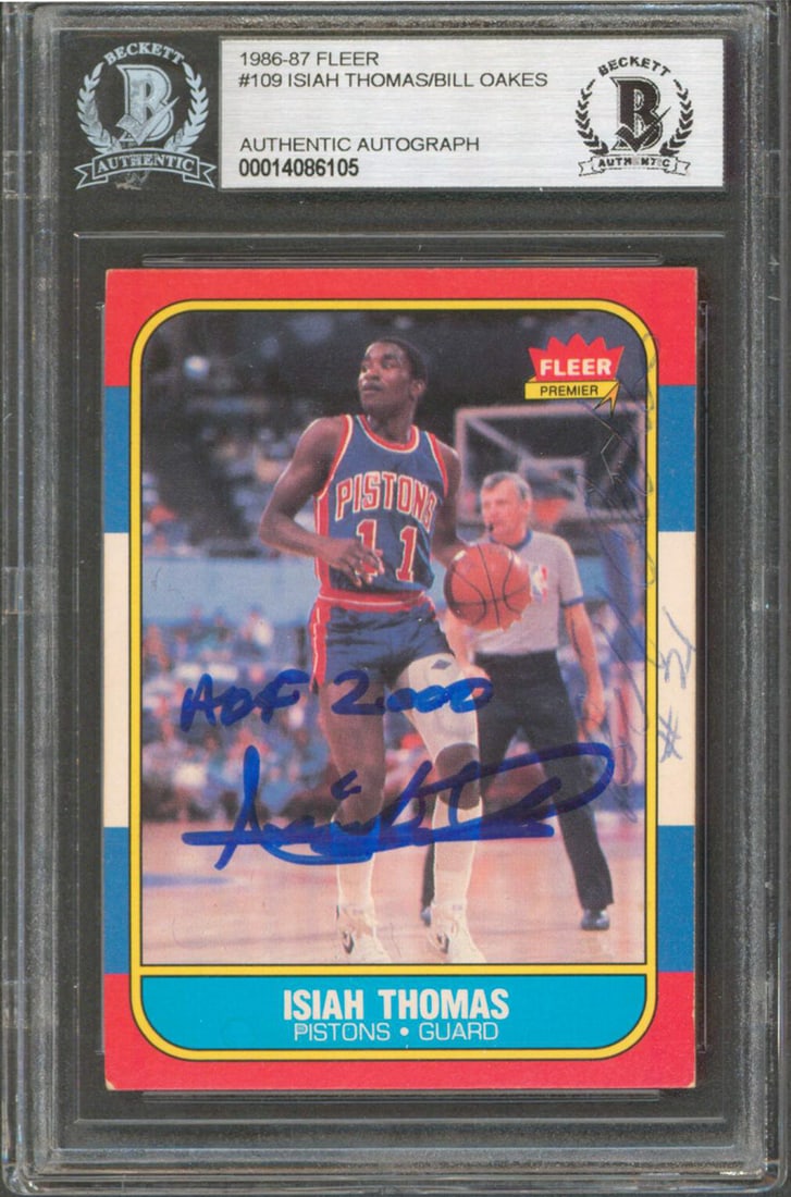 1986 Fleer #109 Isiah Thomas Bill Oakes Signed Card HOF 2000 Beckett Authenticated: 1986 Fleer #109 Isiah Thomas Bill Oakes Signed Card HOF 2000 Beckett Authenticated This autographed 1986 Fleer #109 card features the signatures of Isiah Thomas and Bill Oakes, both prominent figures 