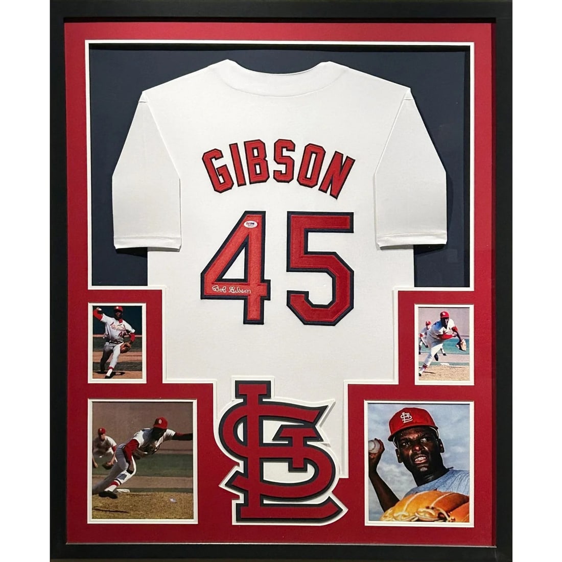 Framed Bob Gibson Autographed Cardinals Jersey JSA: Framed Bob Gibson Autographed Cardinals Jersey JSA This framed St. Louis Cardinals jersey is autographed by Hall of Famer Bob Gibson. The jersey is professionally framed with attention to detail and f