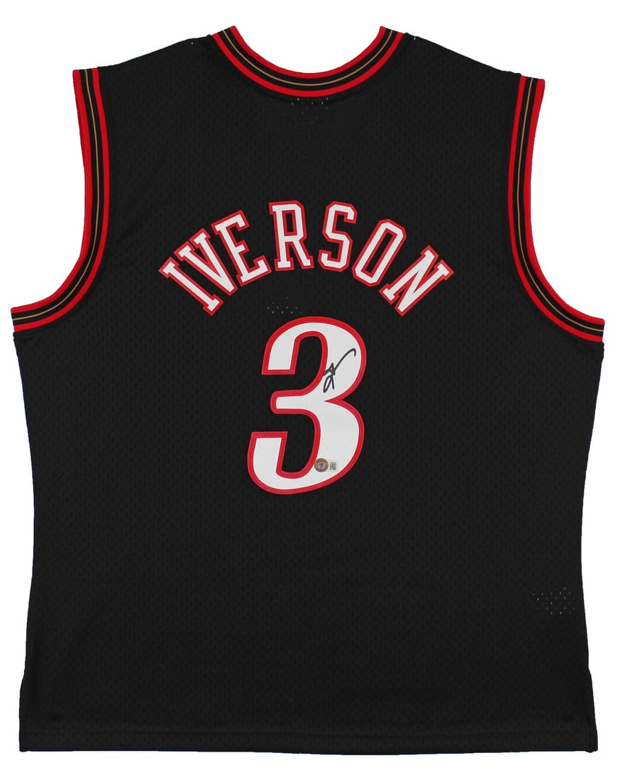 Allen Iverson Signed Philadelphia 76ers Black Mitchell Ness Jersey BAS Witnessed: Allen Iverson Signed Philadelphia 76ers Black Mitchell Ness Jersey BAS Witnessed This black Mitchell & Ness Hardwood Classics Swingman Jersey is personally signed by Allen Iverson of the Philadelphia 