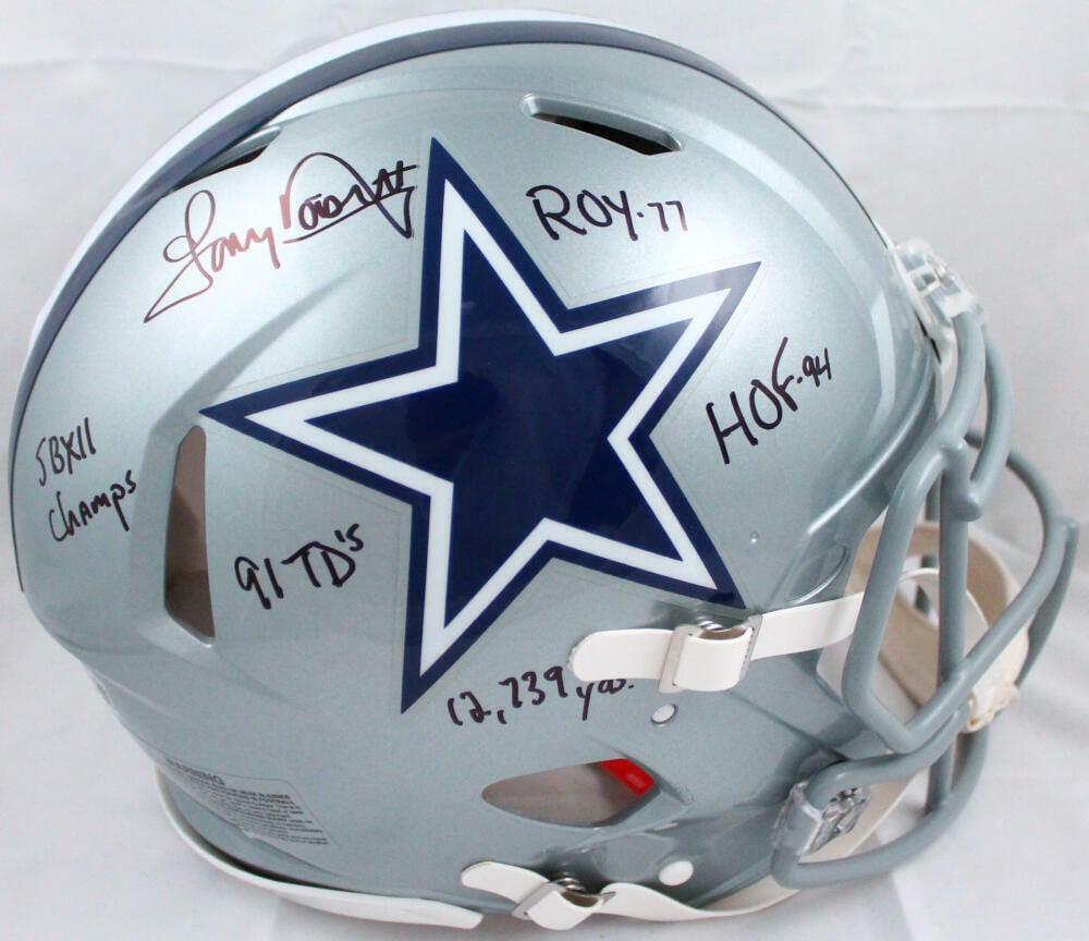 Dallas Cowboys full size Speed Authentic helmet signed by Tony Dorsett Beckett: Dallas Cowboys full size Speed Authentic helmet signed by Tony Dorsett Beckett This is an original, signed full-size authentic football helmet featuring Tony Dorsett and the Dallas Cowboys. It is desc