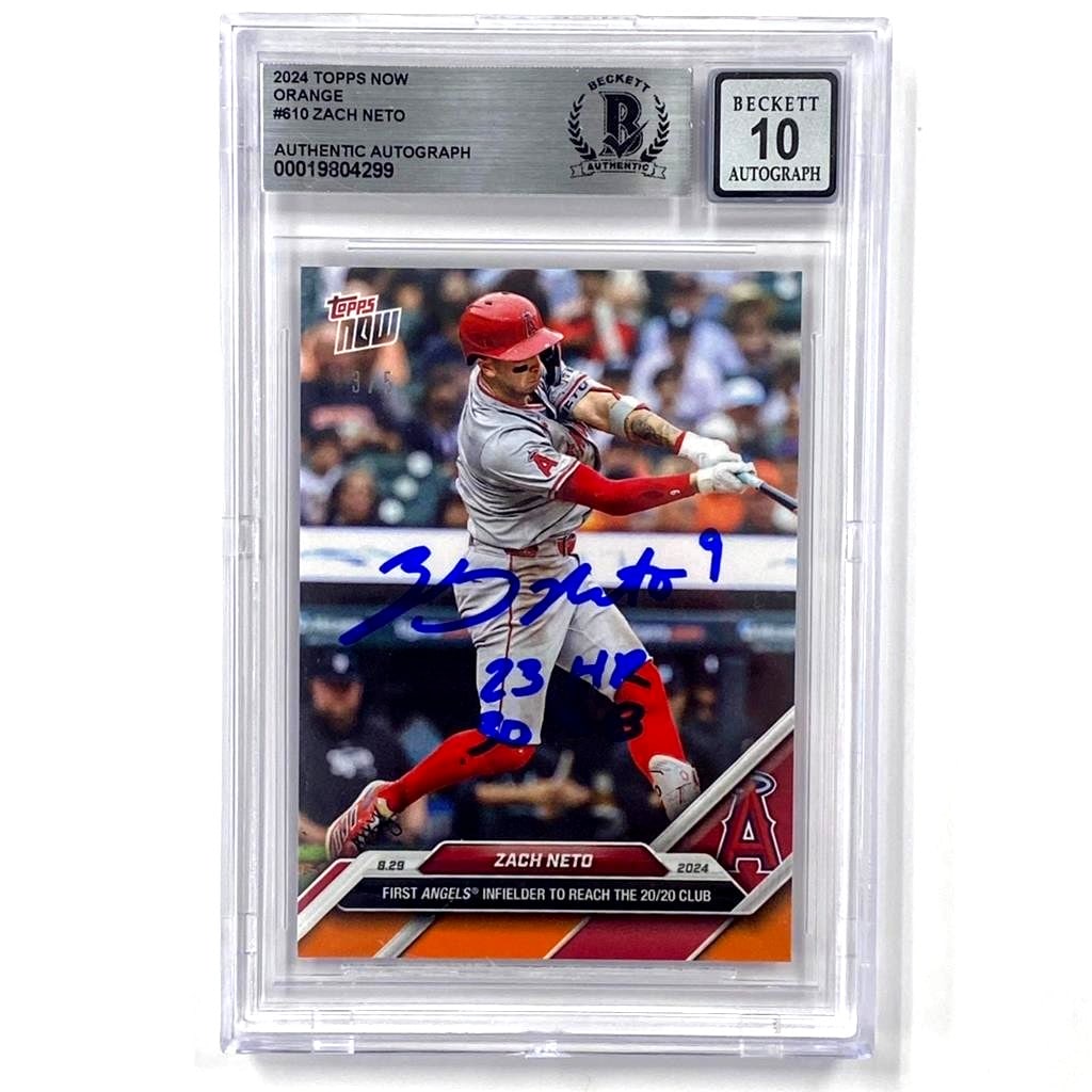 Zach Neto Orange Topps Now 2024 Baseball Card 23 HR 30 SB #/5 BAS 10 Auto: Zach Neto Orange Topps Now 2024 Baseball Card 23 HR 30 SB #/5 BAS 10 Auto This is a 2024 Topps Now Orange parallel sports trading card featuring Zach Neto of the Los Angeles Angels. The card is part o