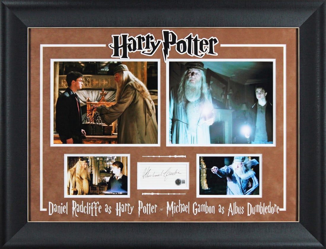 Framed Harry Potter Photo Signed by Radcliffe and Gambon Beckett Authenticated: Framed Harry Potter Photo Signed by Radcliffe and Gambon Beckett Authenticated This framed display features an original photograph personally signed by Daniel Radcliffe and Michael Gambon from Harry P