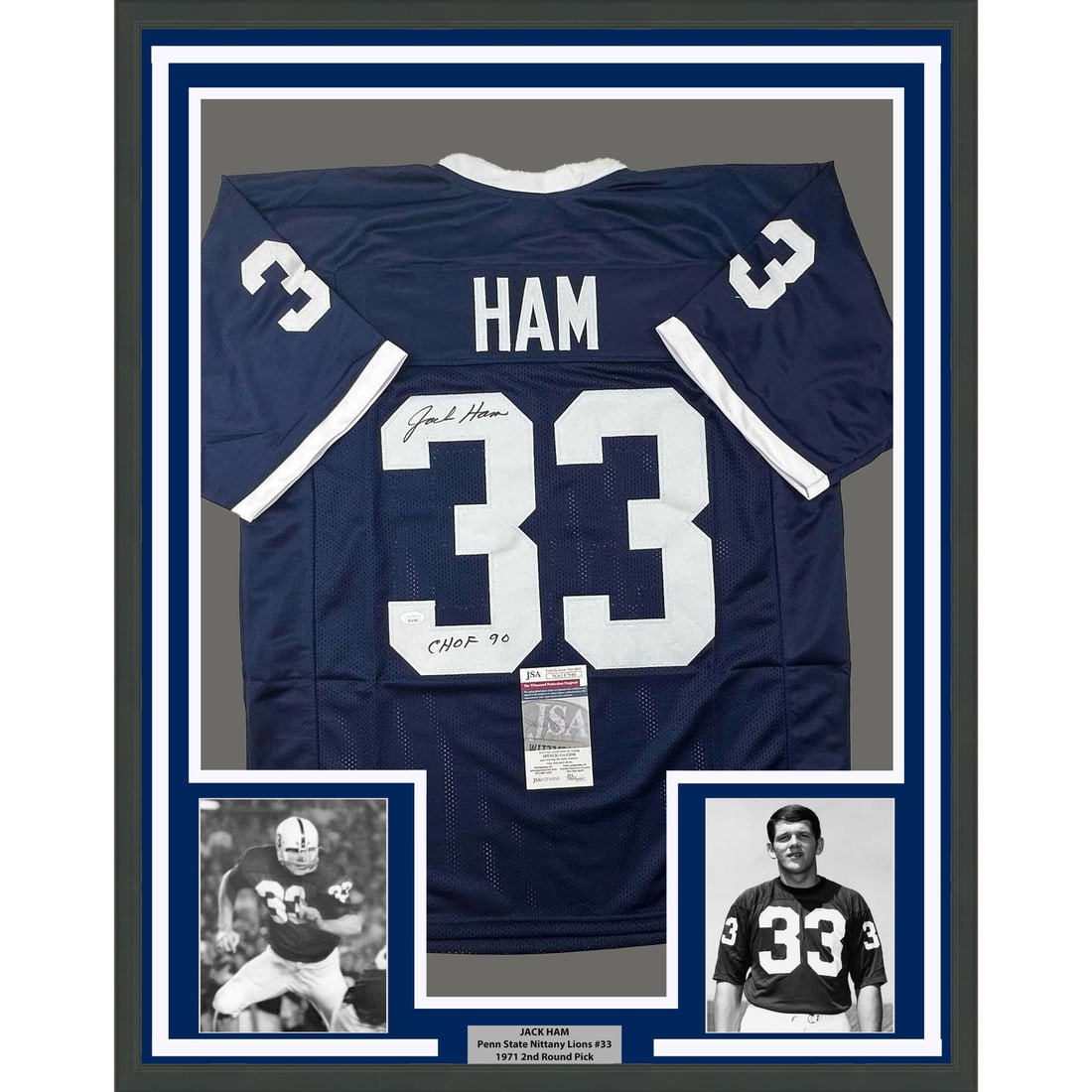 Jack Ham Signed Penn State Blue Jersey Framed JSA COA: Jack Ham Signed Penn State Blue Jersey Framed JSA COA This framed display features a Jack Ham autographed Penn State blue jersey, commemorating his induction into the College Football Hall of Fame in 