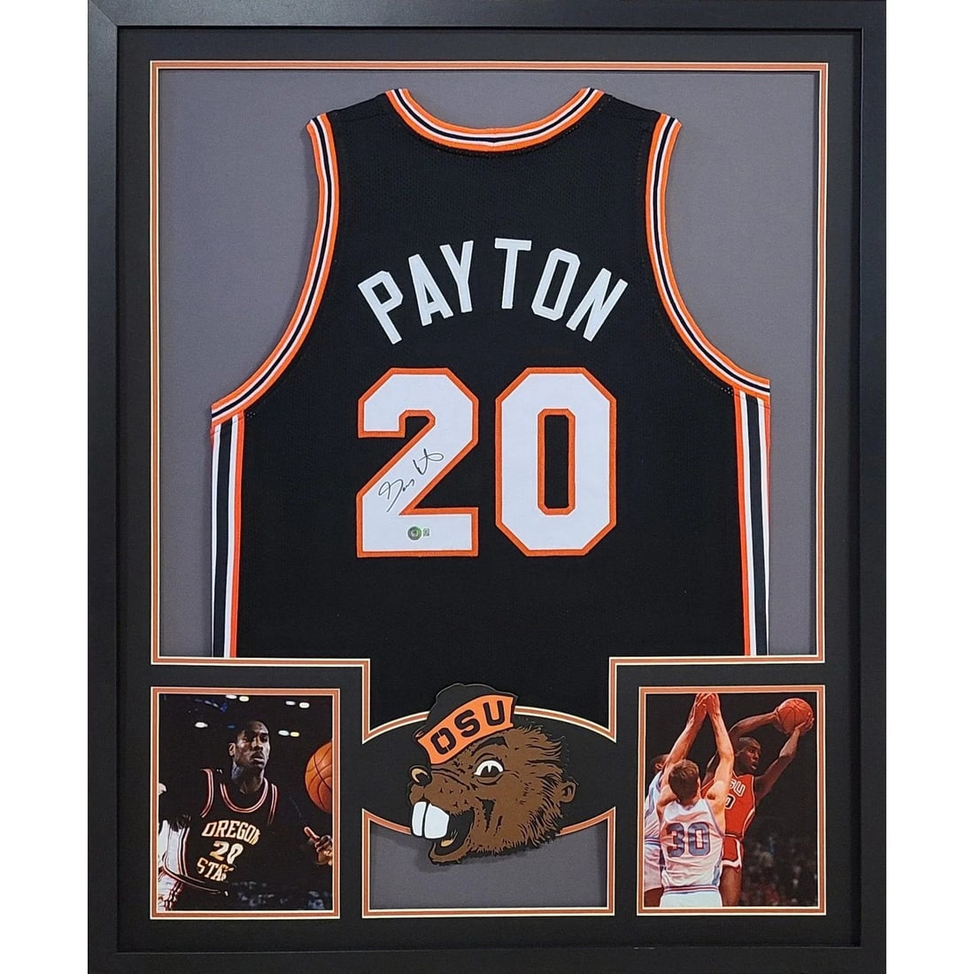 Gary Payton Autographed Framed Jersey OSU Beckett Certified: Gary Payton Autographed Framed Jersey OSU Beckett Certified This framed jersey features the iconic autograph of Gary Payton, a celebrated basketball player. Authenticated by Beckett, renowned for its 