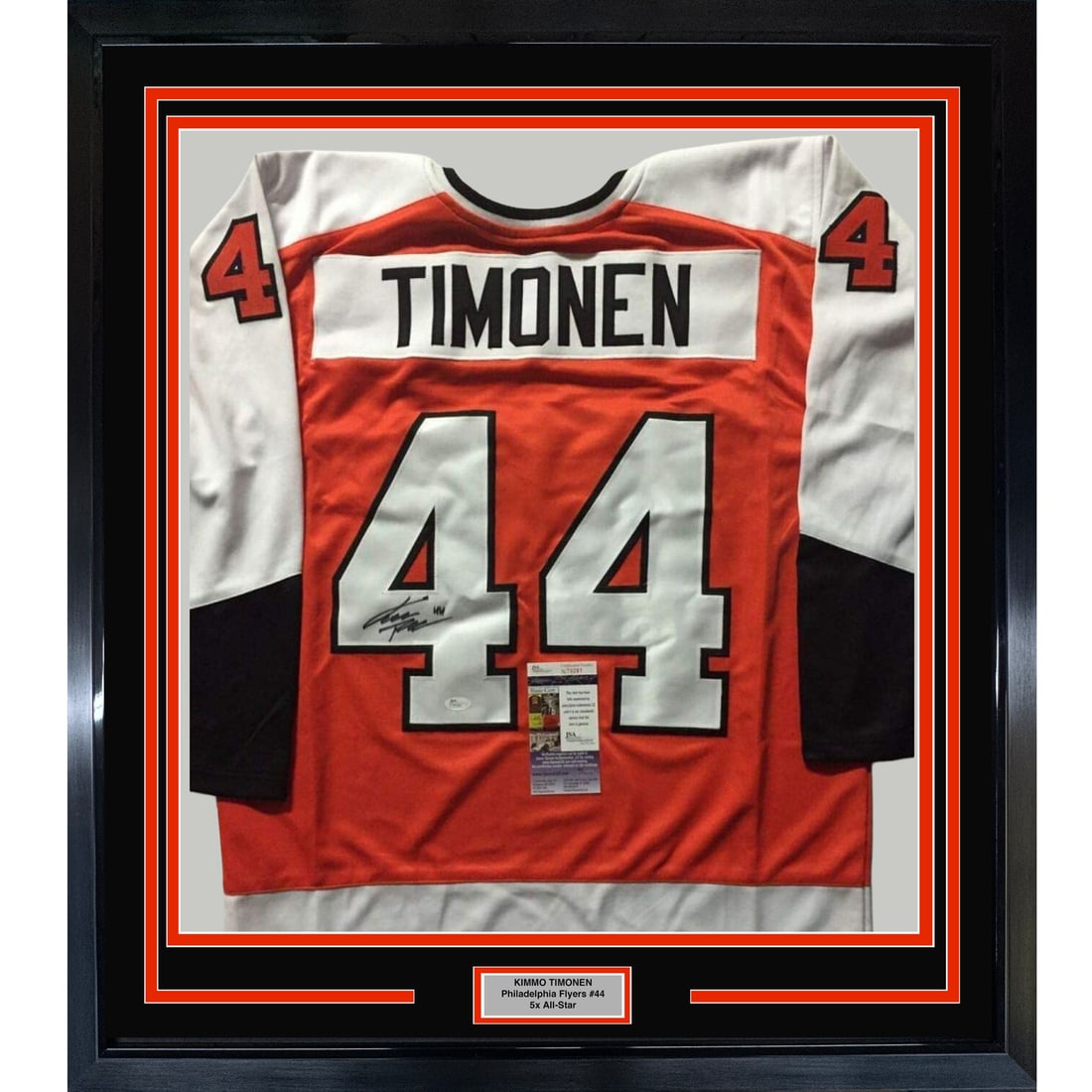 Kimmo Timonen framed Flyers orange jersey JSA COA 33x42 with two photos (1 of 2)