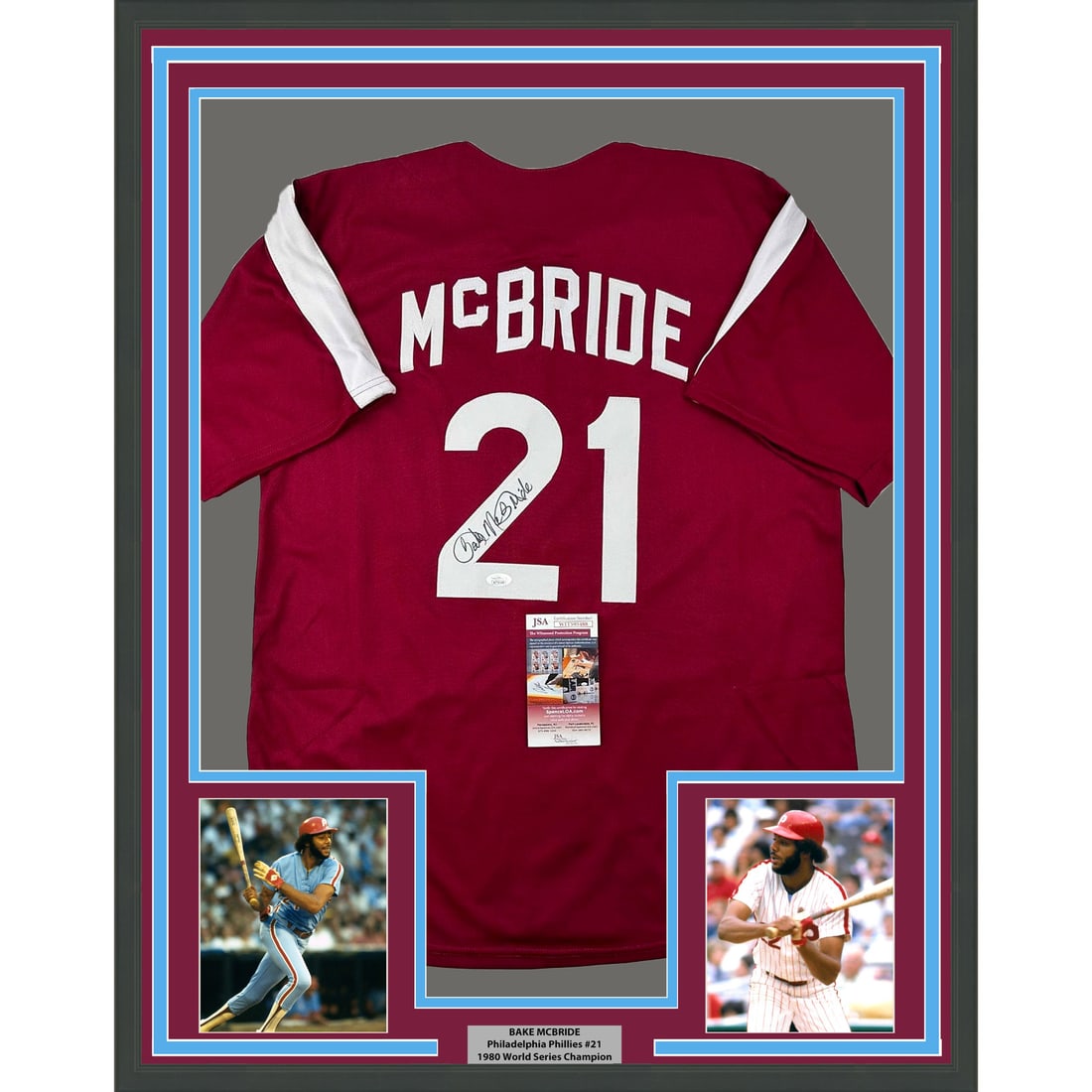 Framed Signed Bake McBride Retro Jersey Philadelphia Phillies JSA COA (1 of 2)