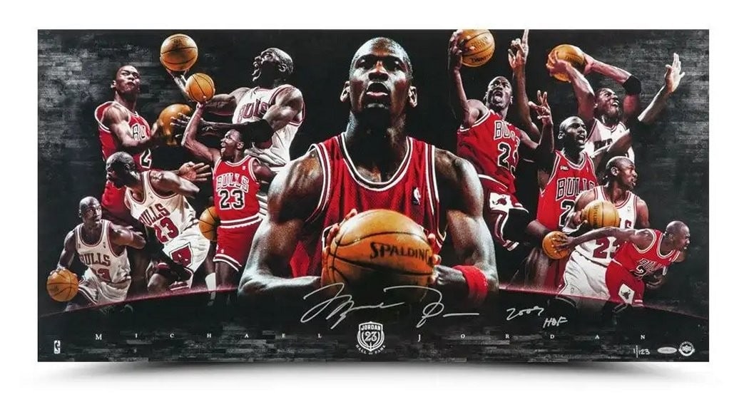 Michael Jordan Autographed 18x36 Hall of Fame Photo #123 Upper Deck Authenticated: Michael Jordan Autographed 18x36 Hall of Fame Photo #123 Upper Deck Authenticated Celebrate the legacy of Michael Jordan with this stunning 18" x 36" autographed photo collage commemorating his induct