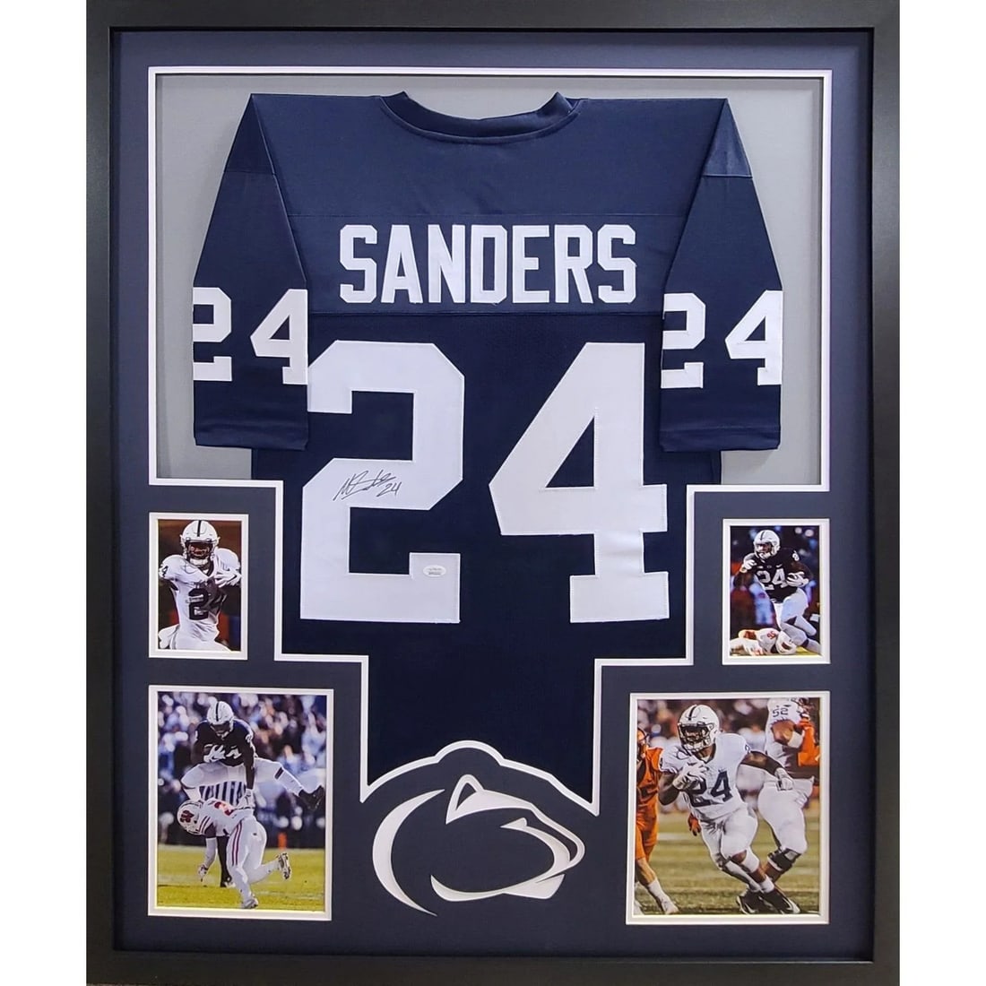 Miles Sanders Autographed Framed Jersey JSA Certified Penn State: Miles Sanders Autographed Framed Jersey JSA Certified Penn State This autographed Miles Sanders framed jersey is a must-have for any fan of Penn State. The jersey comes with a tamper-proof sticker fro