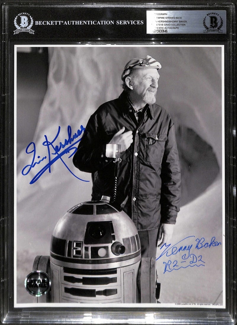 8x10 Photo Signed by Irvin Kershner and Kenny Baker Star Wars ESB Beckett Authenticated: 8x10 Photo Signed by Irvin Kershner and Kenny Baker Star Wars ESB Beckett Authenticated This is an 8x10 photograph from Star Wars: The Empire Strikes Back, signed in blue permanent marker by Irvin Ker
