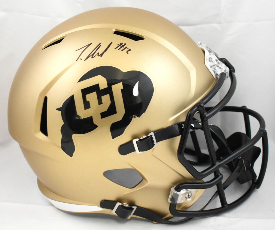 Colorado Buffaloes full size speed helmet Travis Hunter Beckett hologram: Colorado Buffaloes full size speed helmet Travis Hunter Beckett hologram This full-size Speed helmet features the Colorado Buffaloes team design and has been autographed by Travis Hunter. The helmet i