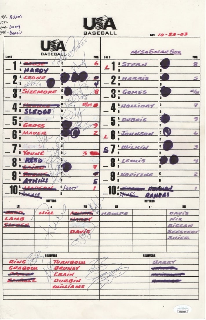 JSA authenticated 2003 USA Baseball lineup card Grady Sizemore J.J. Hardy (1 of 3)