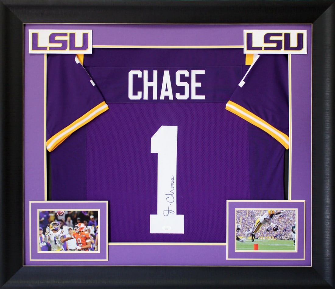 Framed Ja'Marr Chase Signed Purple Pro Style Jersey Beckett Witnessed: Framed Ja'Marr Chase Signed Purple Pro Style Jersey Beckett Witnessed Autographed purple pro style framed jersey personally signed by Ja'Marr Chase of the Louisiana State Tigers. It is an original ite