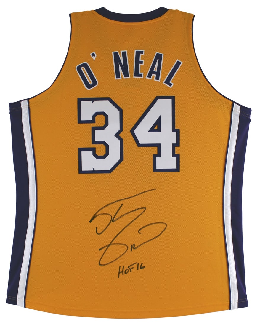 Shaquille O'Neal Signed Yellow Lakers Jersey HOF 16 BAS Authenticated: Shaquille O'Neal Signed Yellow Lakers Jersey HOF 16 BAS Authenticated This autographed yellow Mitchell & Ness 1999-2000 Hardwood Classics authentic jersey, featuring the inscription "HOF 16," has been