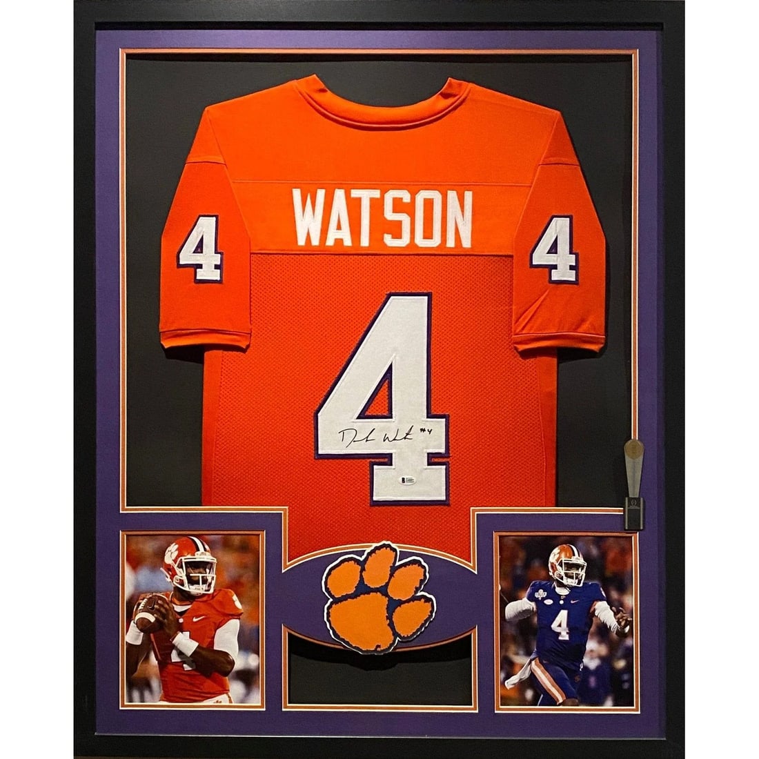 Deshaun Watson Autographed Framed Jersey Clemson Tigers Beckett Authenticated: Deshaun Watson Autographed Framed Jersey Clemson Tigers Beckett Authenticated This is a framed, autographed jersey of Deshaun Watson, showcasing his time with the Clemson Tigers. The jersey is authent