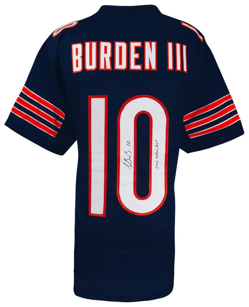 Navy Football Jersey Signed by Luther Burden III with Good Better Best Inscription: Navy Football Jersey Signed by Luther Burden III with Good Better Best Inscription This navy custom football jersey features the autograph of Luther Burden III along with a 'Good, Better, Best' inscri