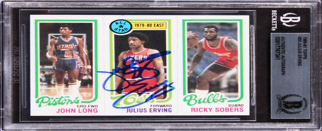 Julius Erving signed 1980 Topps 23 basketball card Beckett authenticated: Julius Erving signed 1980 Topps 23 basketball card Beckett authenticated Autographed 1980 Topps #23 card signed by Julius Erving of the Philadelphia 76ers. The card is original, slabbed, and authentic