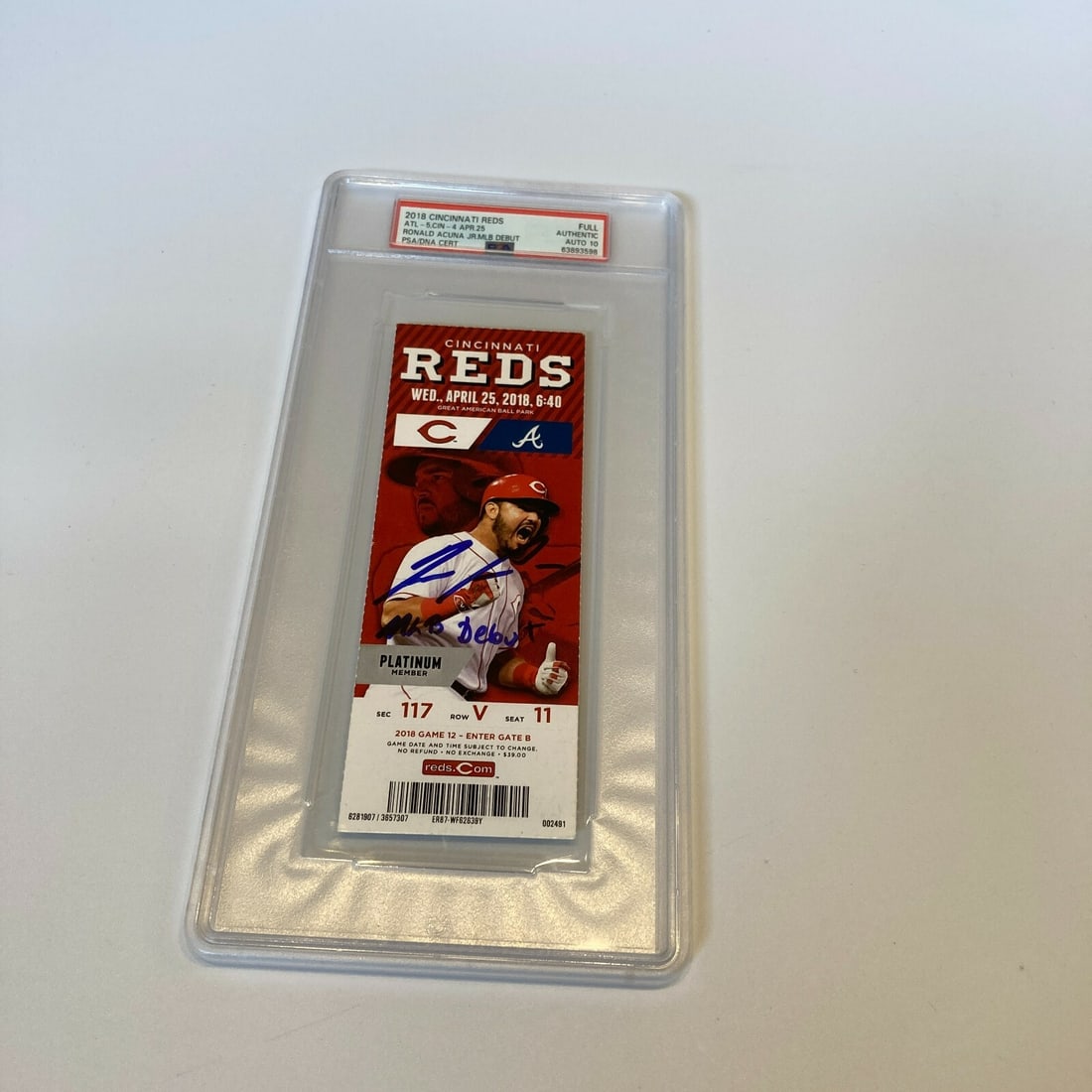 Ronald Acuna Jr Signed Full Ticket PSA GEM MINT 4-25-2018: Ronald Acuna Jr Signed Full Ticket PSA GEM MINT 4-25-2018 Celebrate baseball history with this original debut full ticket featuring the autograph of Ronald Acuna Jr., a rising star in Major League Bas